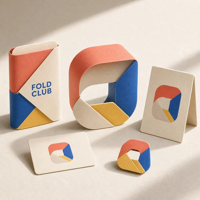 Fold Club paper brand system in coral, cobalt, and yellow