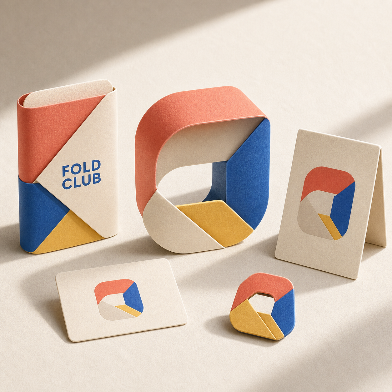 Fold Club paper brand system in coral, cobalt, and yellow