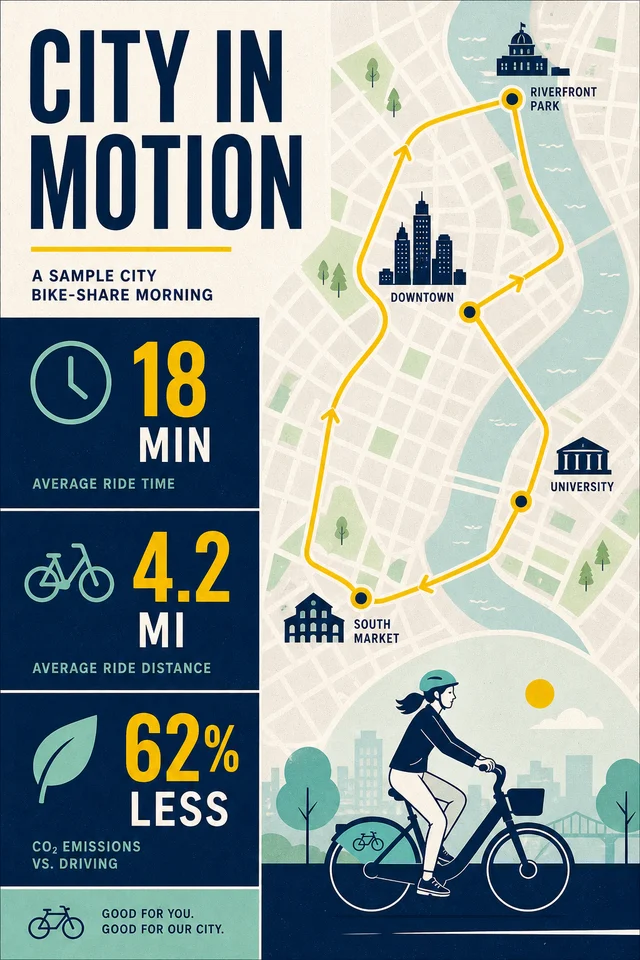 Navy and mint city bike-share infographic with a route map