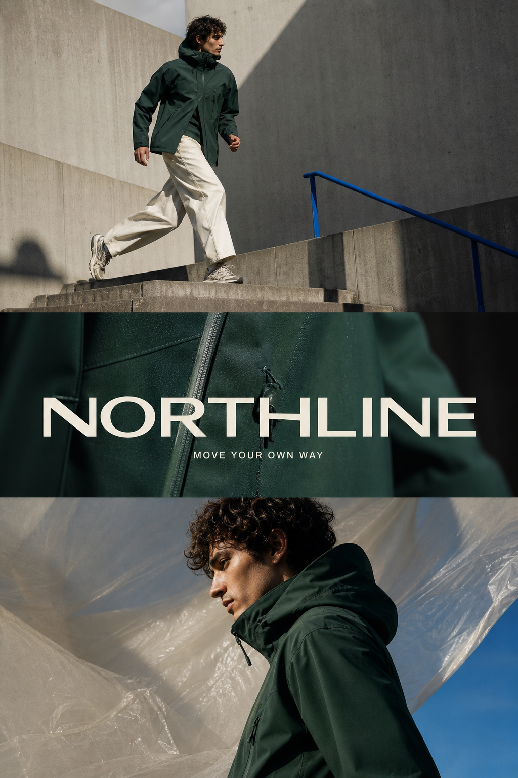 Three-panel Northline streetwear story with a forest-green jacket