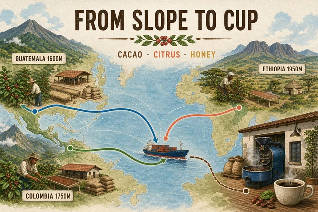 Coffee origin map connecting three mountain regions to one roastery