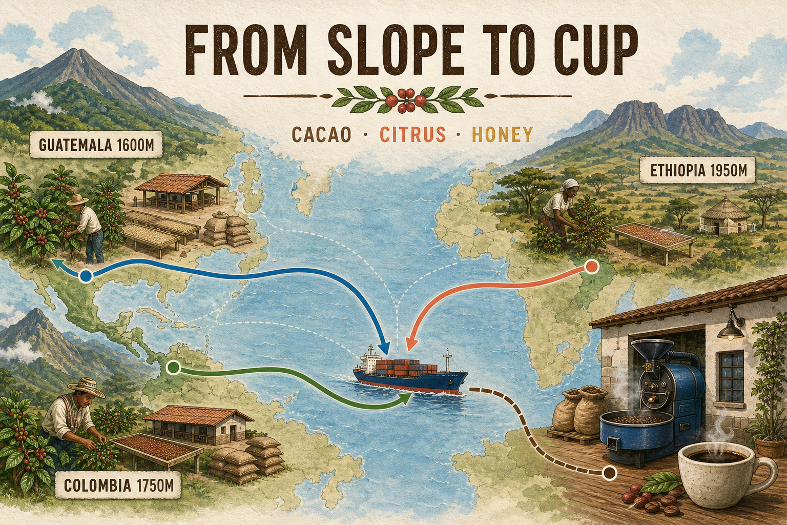 Coffee origin map connecting three mountain regions to one roastery
