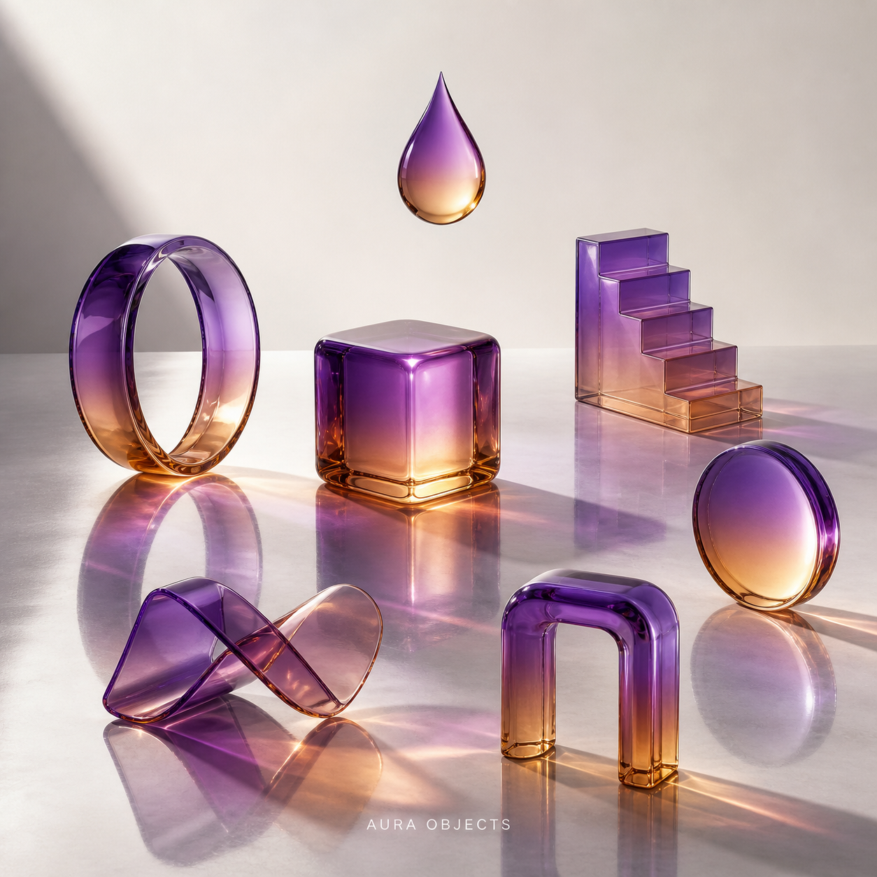 Ultraviolet and amber translucent object system on a mirrored floor