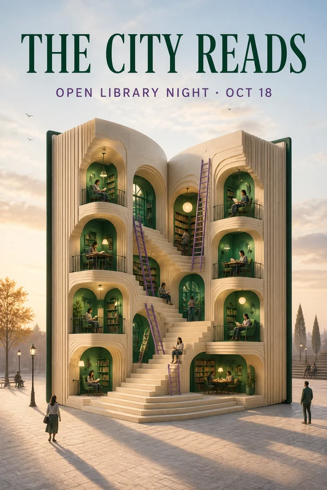 The City Reads poster with an open book transformed into a glowing library
