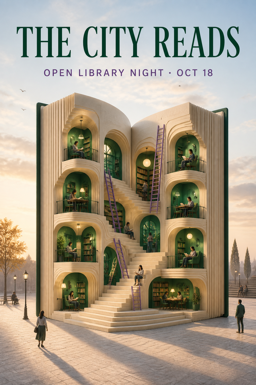 The City Reads poster with an open book transformed into a glowing library