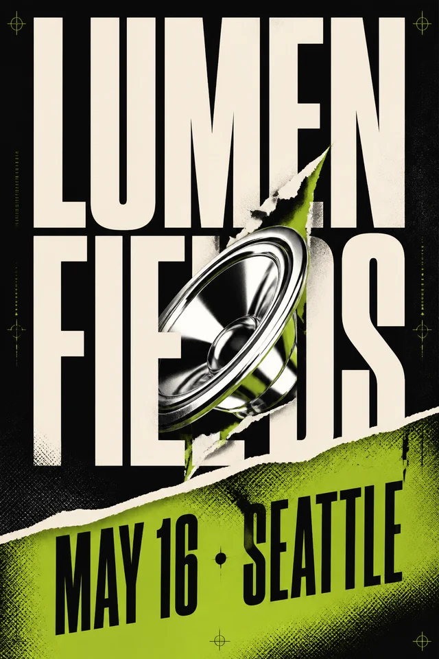 Acid green and black kinetic poster for Lumen Fields in Seattle