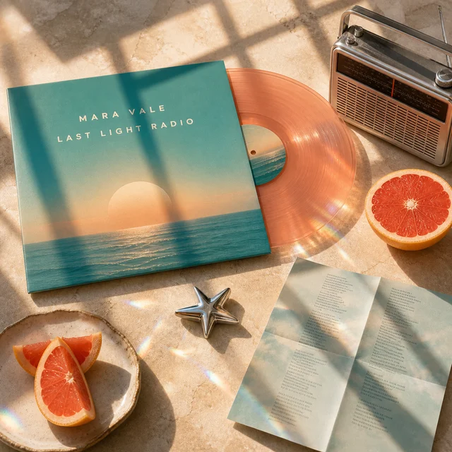 Last Light Radio record campaign still life in teal, peach, and silver