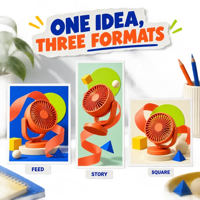 Orange desk fan campaign recomposed across Feed, Story, and Square