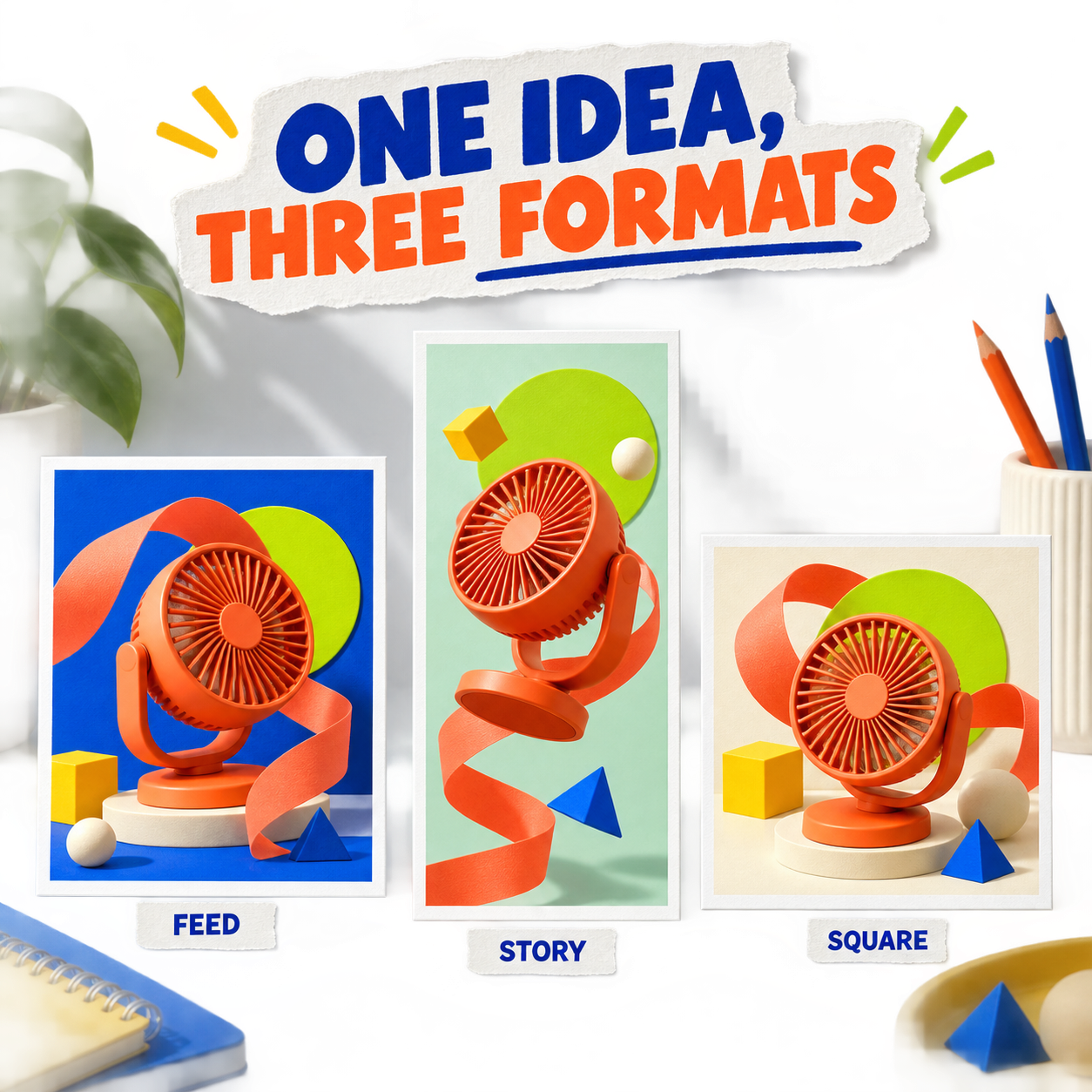 Orange desk fan campaign recomposed across Feed, Story, and Square