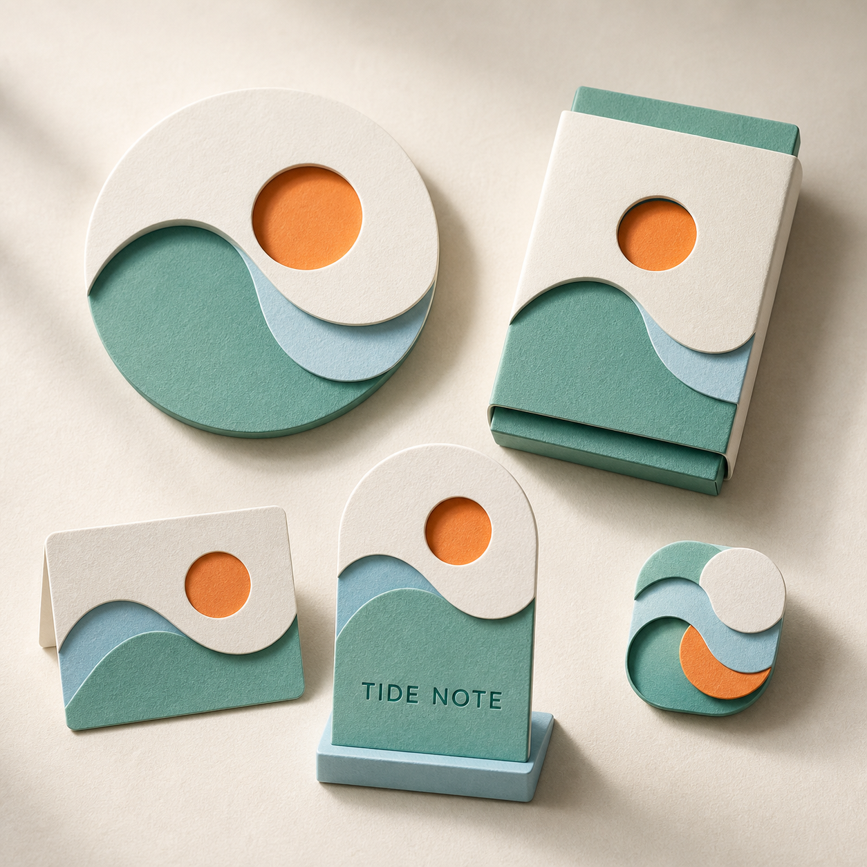 Tide Note paper brand system in sea green, blue, and tangerine