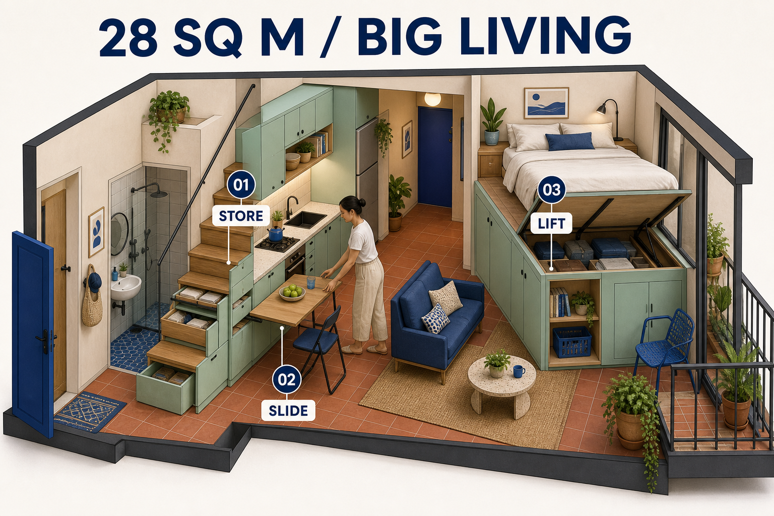 Bright 28-square-meter apartment cutaway with three storage ideas
