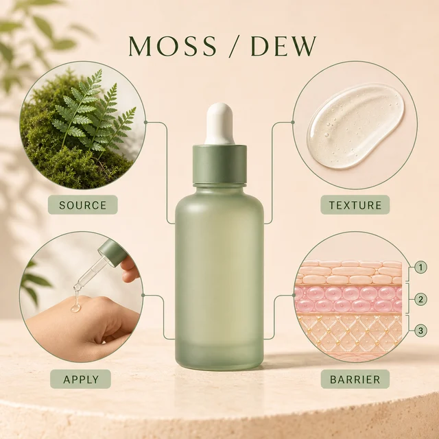 Moss Dew serum board with source, texture, application, and barrier modules