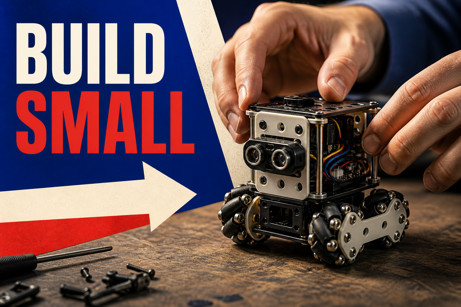 Creator thumbnail with a tiny modular robot and Build Small headline