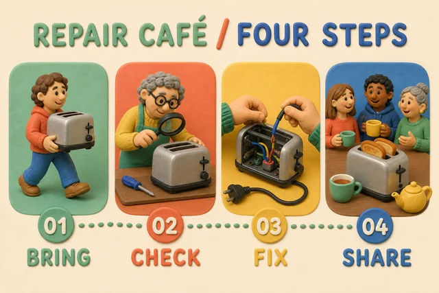 Four-panel clay timeline showing bring, check, fix, and share