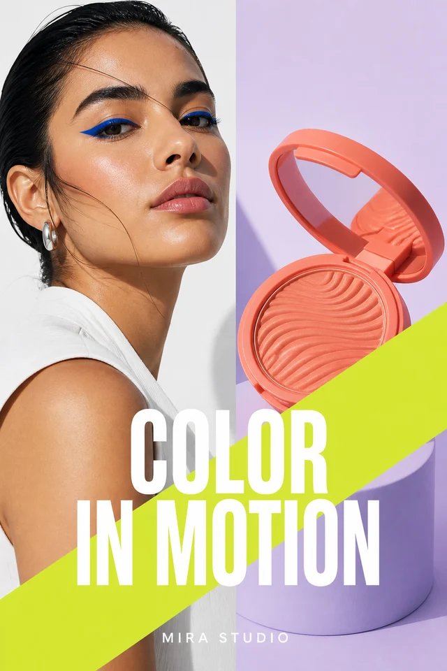 Bright split beauty campaign with blue eyeliner and a coral compact
