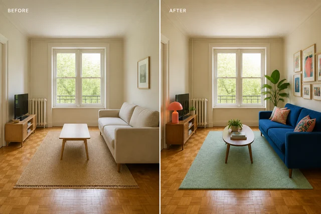 Same sunlit living room before and after a colorful styling refresh