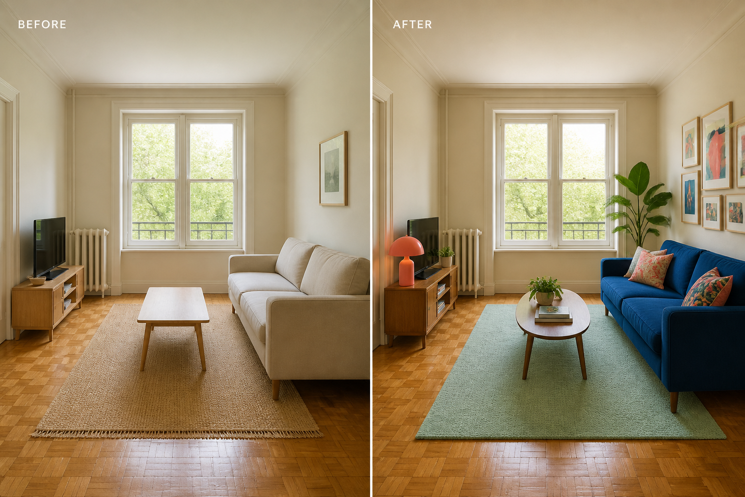 Same sunlit living room before and after a colorful styling refresh