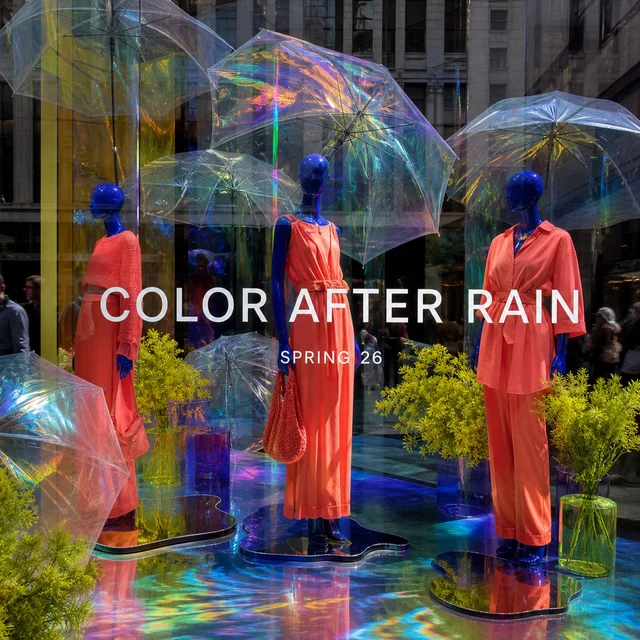 Color After Rain storefront with coral fashion, blue mannequins, and prismatic umbrellas