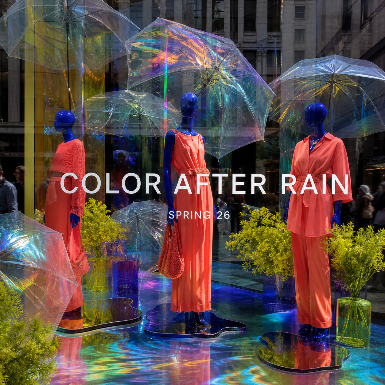 Color After Rain storefront with coral fashion, blue mannequins, and prismatic umbrellas