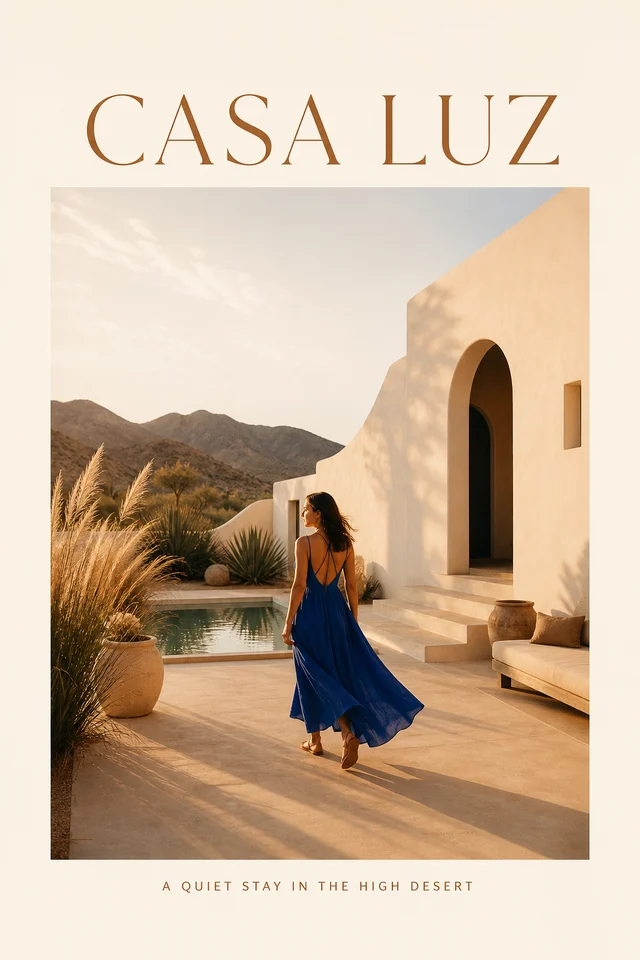 Casa Luz desert courtyard editorial with a woman in cobalt